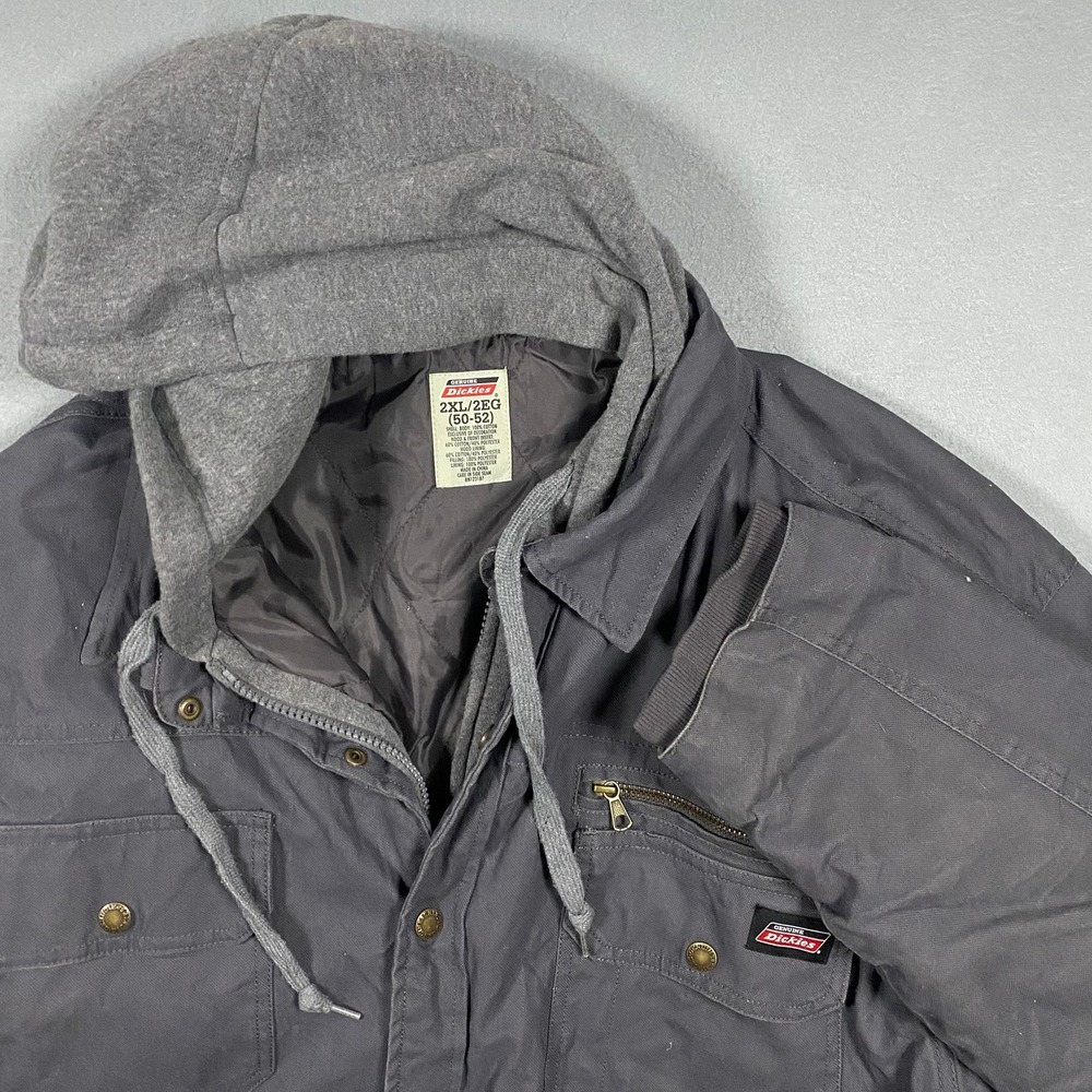 Genuine Dickies Mens 2XL Gray Hooded Canvas Work Jacket‎ Quilted Lined RN123187